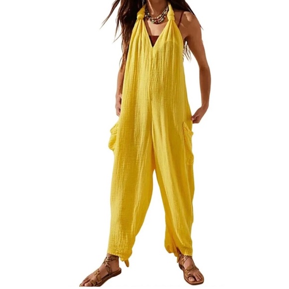 Free People Knot it Up Primrose Yellow Gauze Jumpsuit 💛 Medium Oversized - Picture 12 of 13